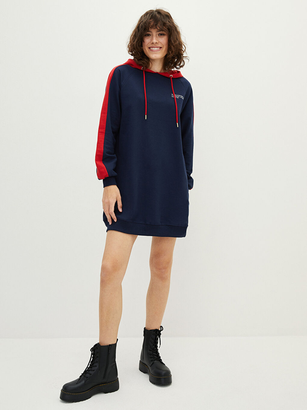 Lacivert Kapüşonlu Renk Bloklu Uzun Kollu Kadın Elbise-2