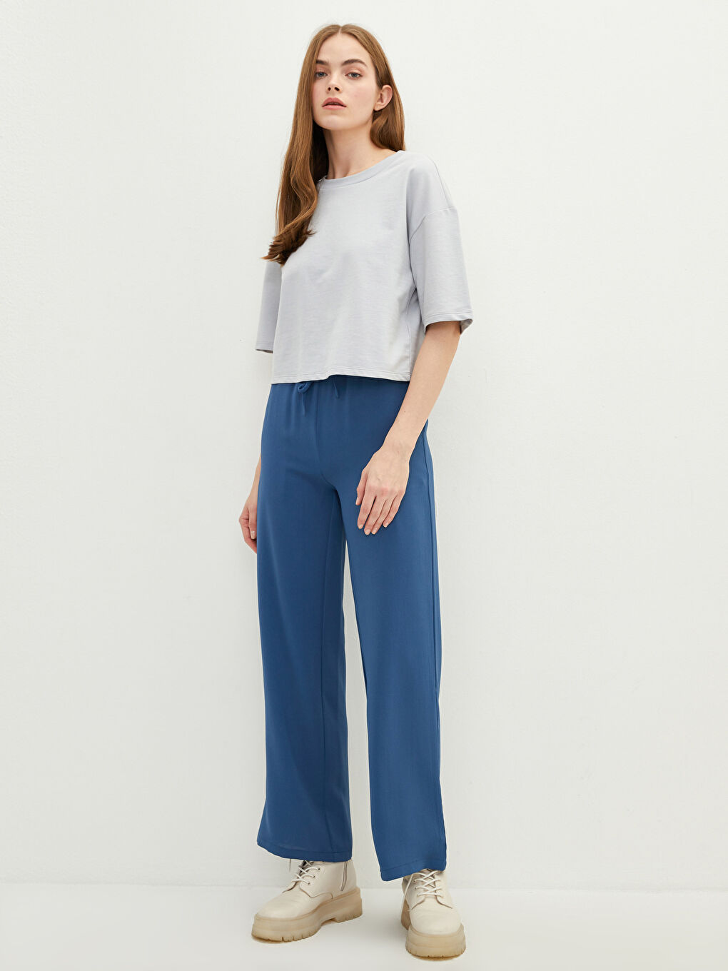 Elastic Waist Pocket Detailed Wide Leg Women's Trousers