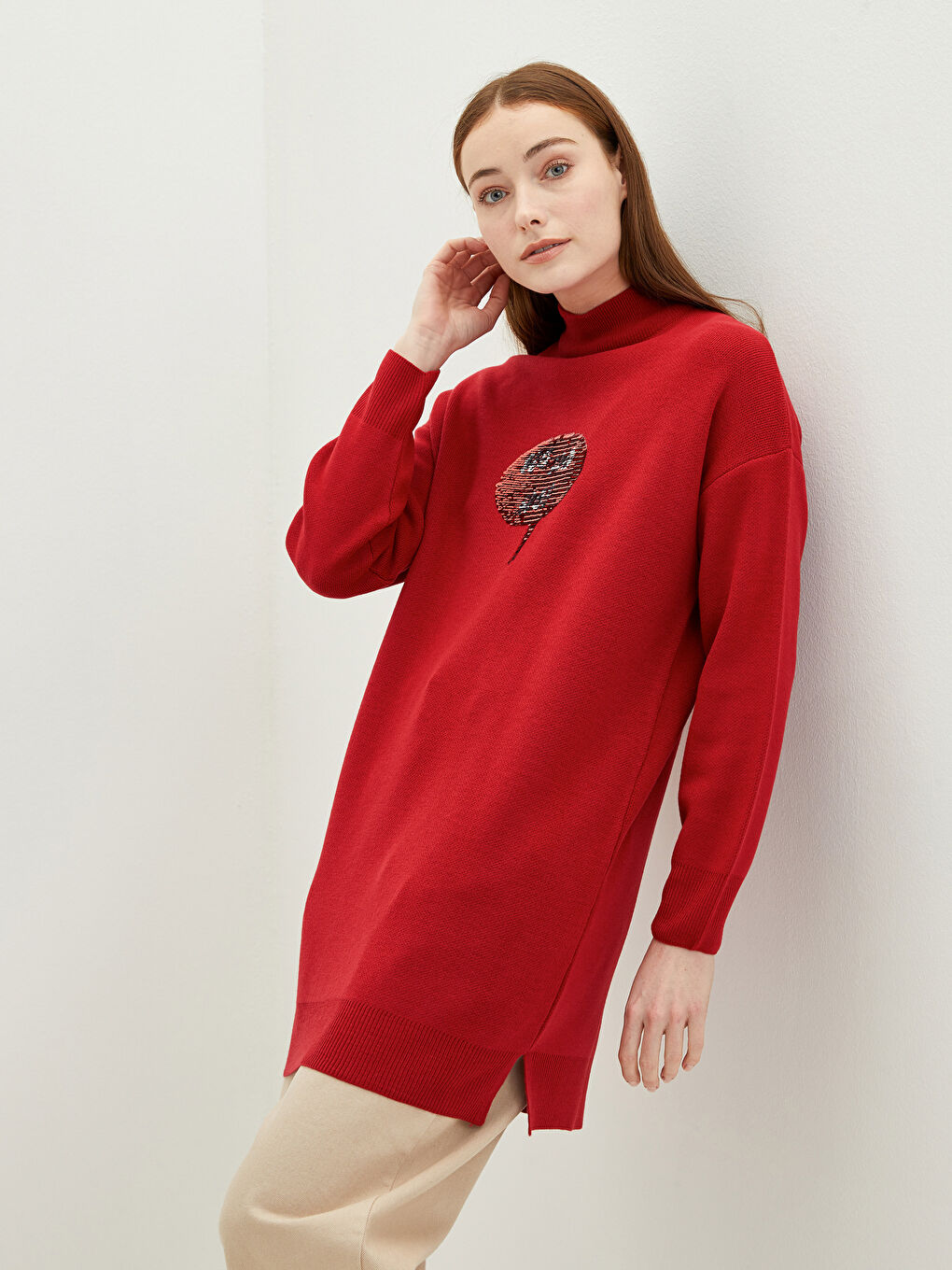 LCW Modest Halber Rollkragen Pailletten Langarm Oversize Damen Strick Tunika -W1J211Z8-RZZ