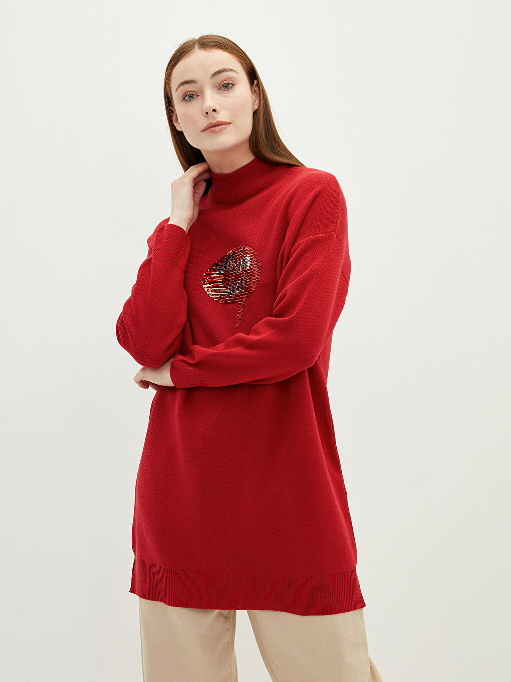 LCW Modest Halber Rollkragen Pailletten Langarm Oversize Damen Strick Tunika -W1J211Z8-RZZ