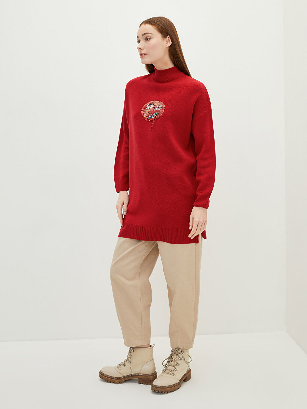LCW Modest Halber Rollkragen Pailletten Langarm Oversize Damen Strick Tunika -W1J211Z8-RZZ