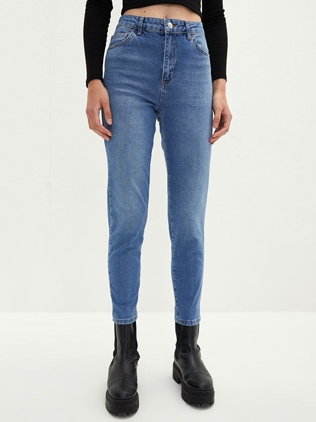 İndigo Yüksek Bel Slim Fit Kadın Jean Pantolon-5