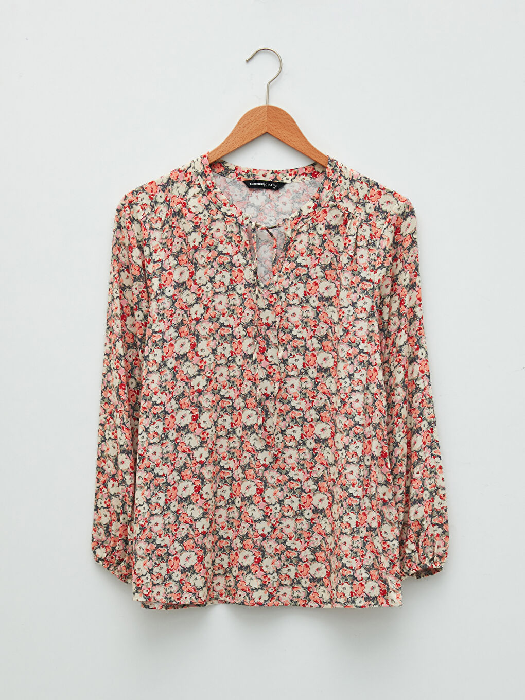 Ekru Bağlamalı Yaka Desenli Uzun Kollu Viskon Kadın Bluz-5