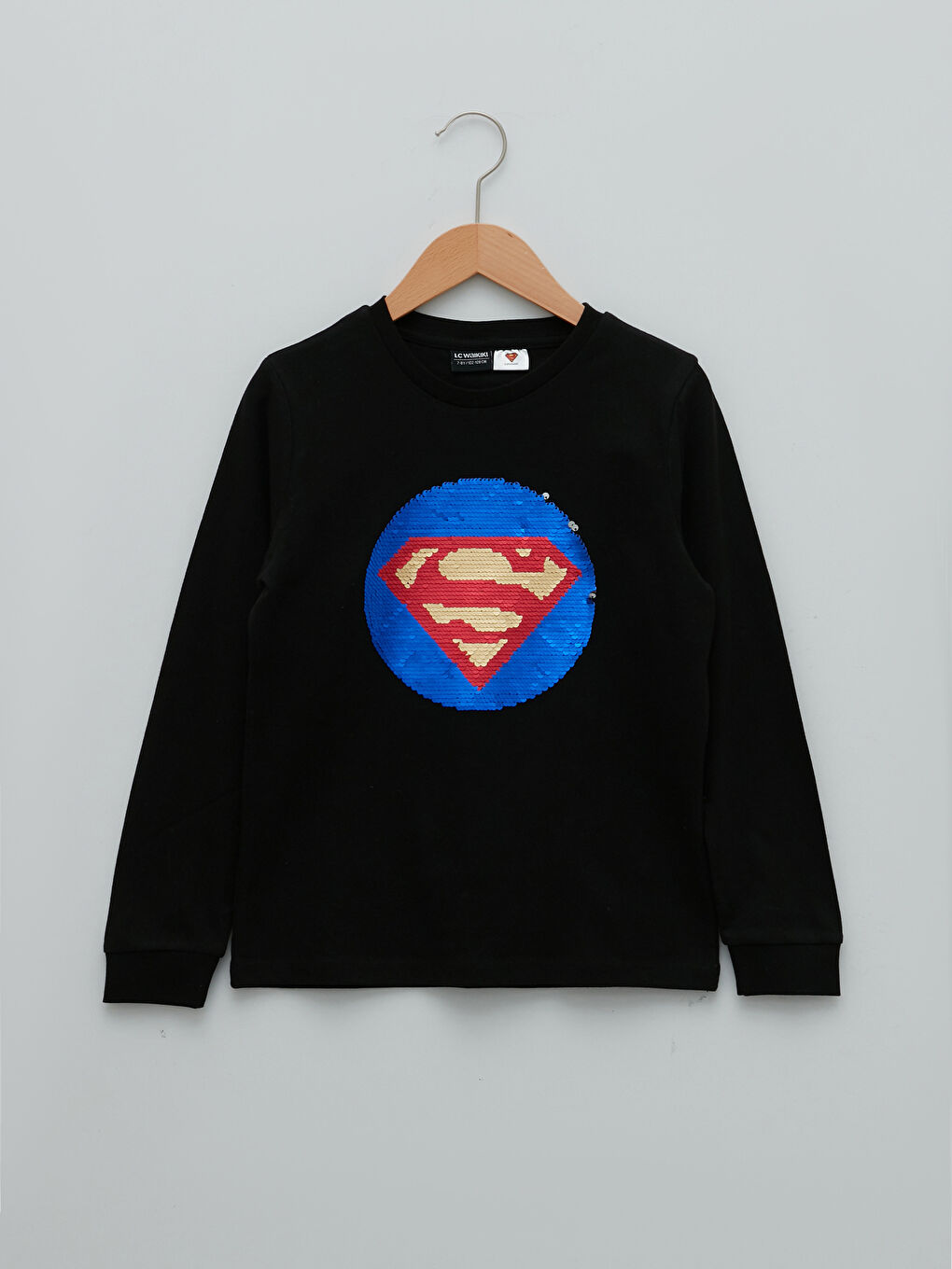 Tricou pentru Băieți cu Guler Rotund Superman cu Paiete Reversibile și Mânecă Lungă-1