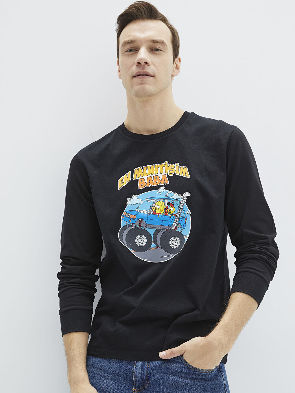 Siyah Bisiklet Yaka Uzun Kollu Kral Şakir Baskılı Erkek Tişört-2