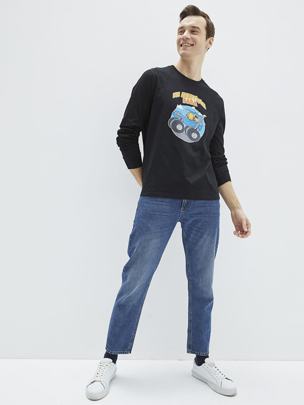 Siyah Bisiklet Yaka Uzun Kollu Kral Şakir Baskılı Erkek Tişört-4