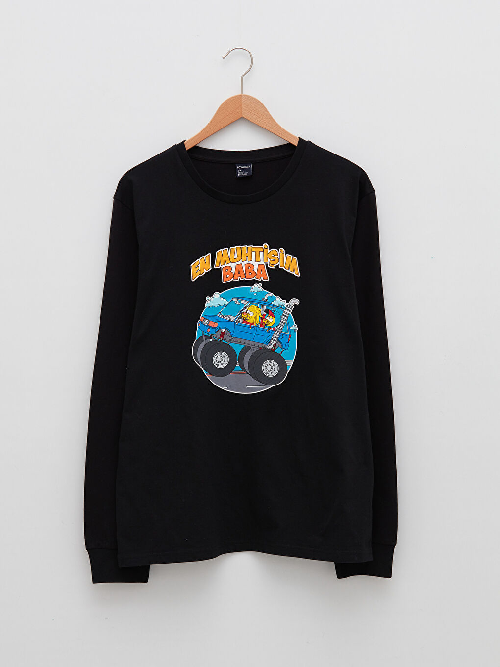 Siyah Bisiklet Yaka Uzun Kollu Kral Şakir Baskılı Erkek Tişört-6