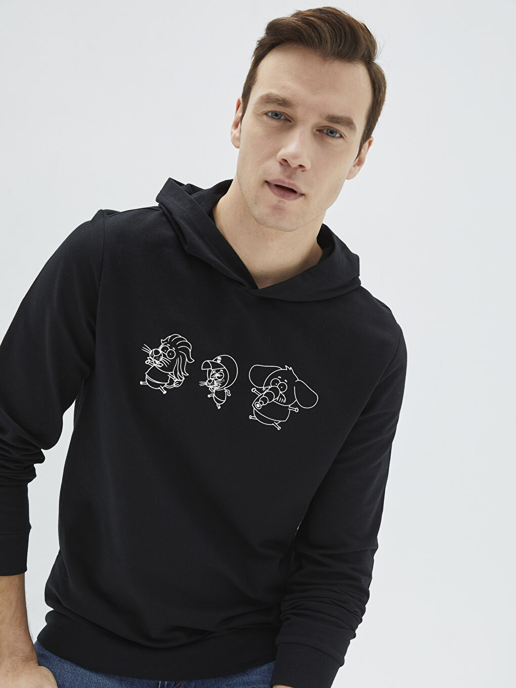 Siyah Uzun Kollu Baskılı Erkek Hoodie-1