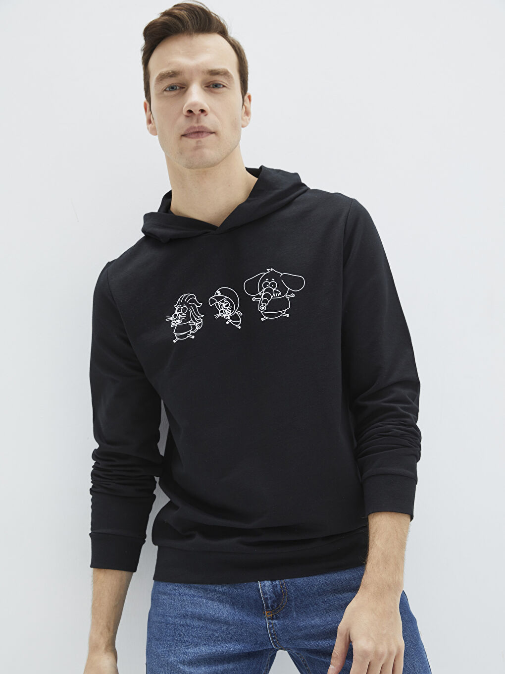 Siyah Uzun Kollu Baskılı Erkek Hoodie-4