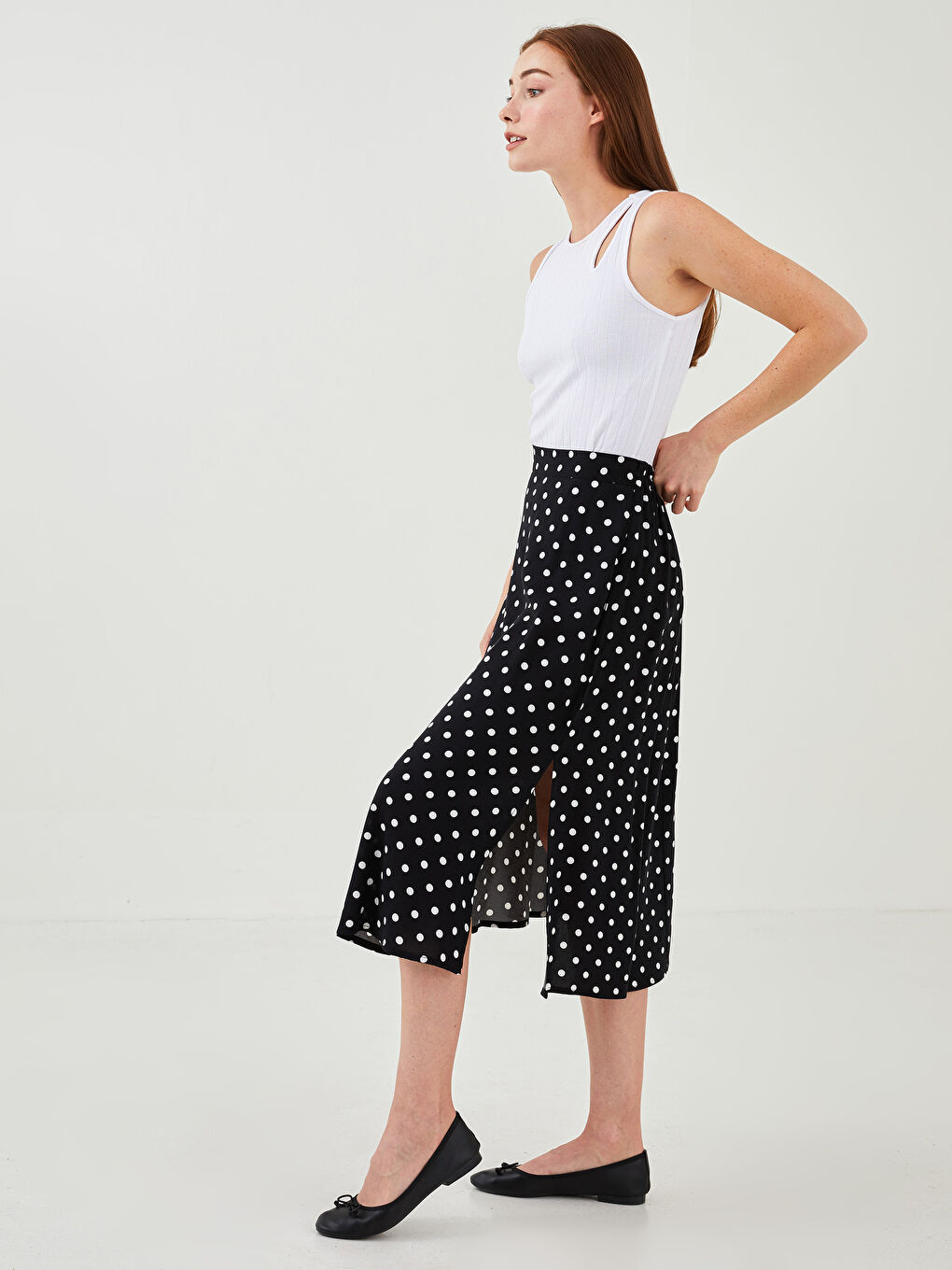 Ekru Beli Lastikli Puantiyeli Viskon Kadın Etek