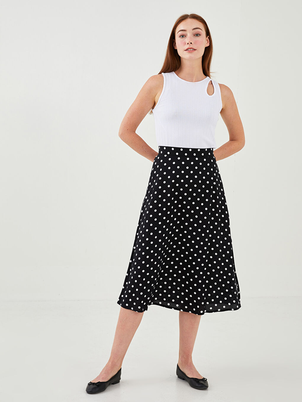 Ekru Beli Lastikli Puantiyeli Viskon Kadın Etek-1