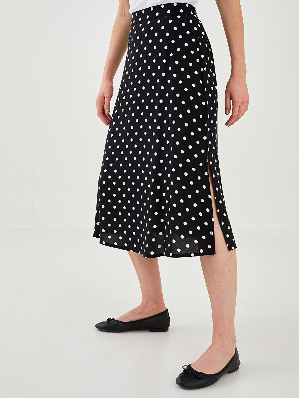 Ekru Beli Lastikli Puantiyeli Viskon Kadın Etek-3