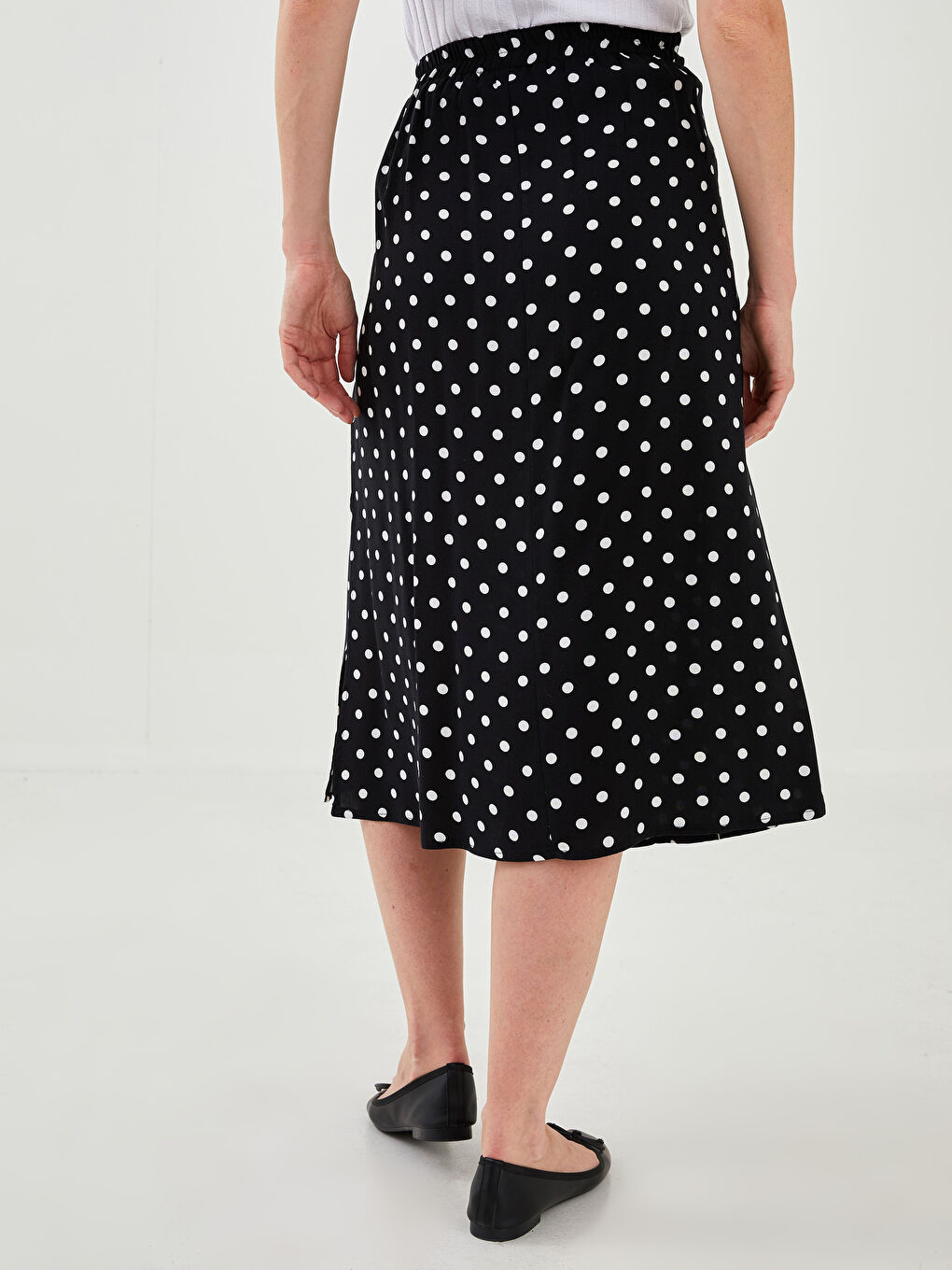 Ekru Beli Lastikli Puantiyeli Viskon Kadın Etek-4