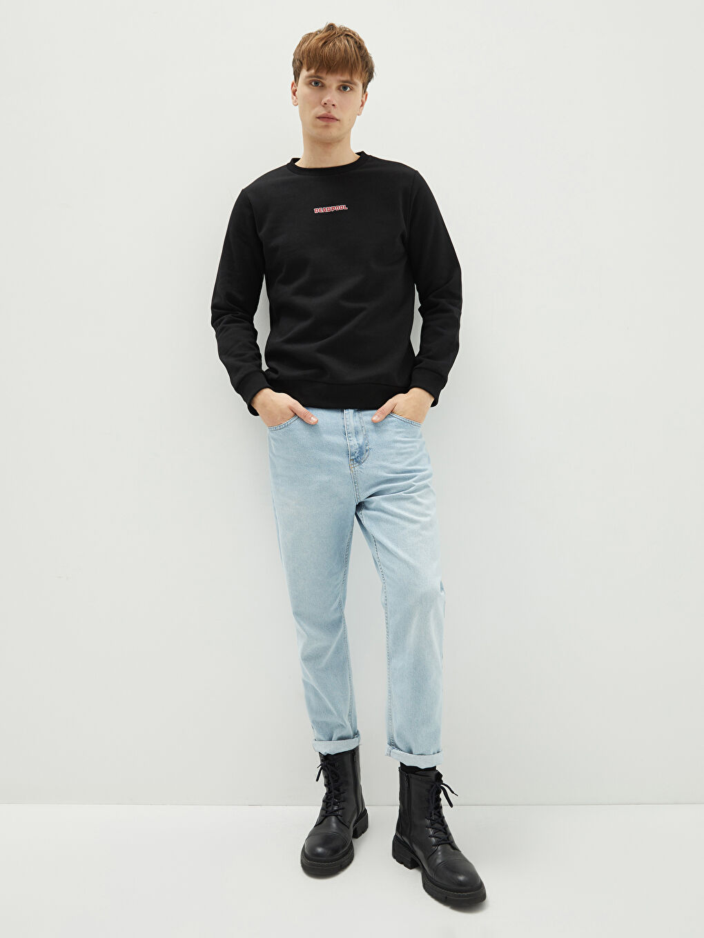 سويت شيرت كم طويل مطبوع ديدبول ياقة دائرية تخين للرجال-2