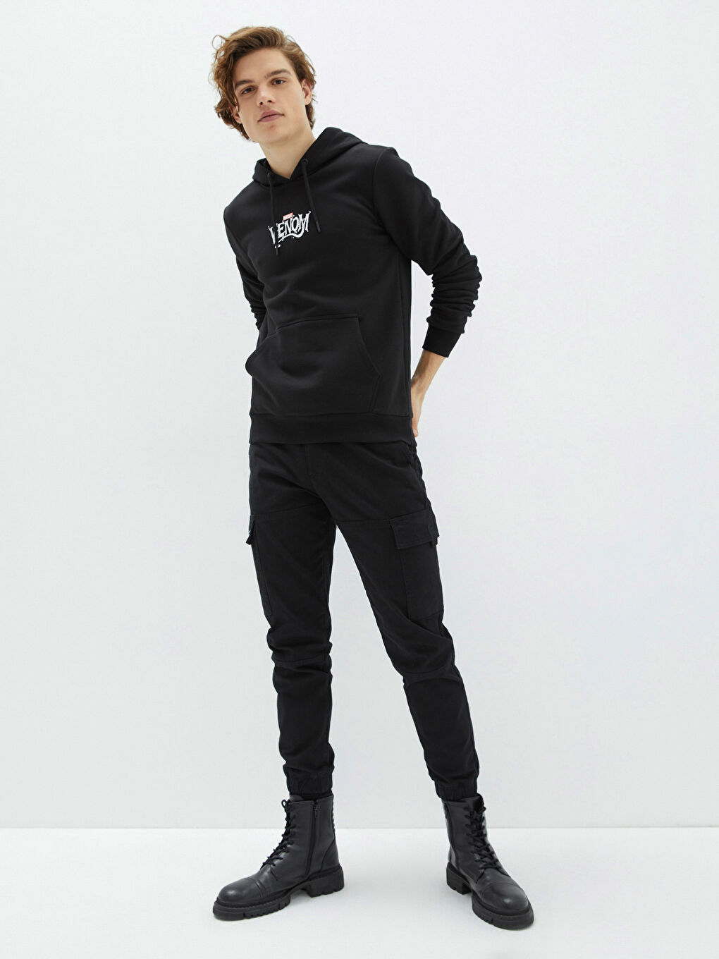 Uzun Kollu Venom Baskılı Erkek Kalın Hoodie-2