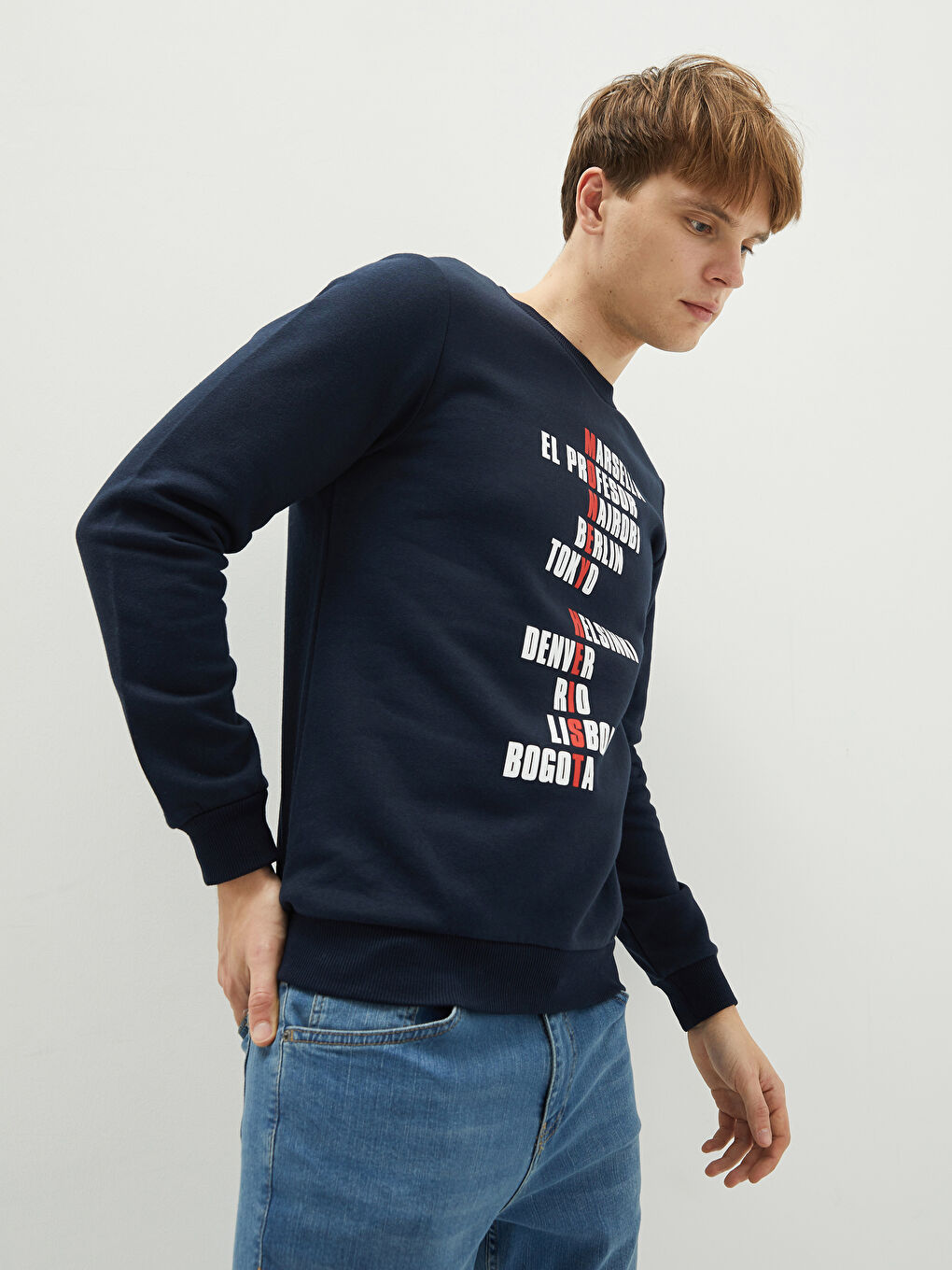 Lacivert Bisiklet Yaka Baskılı Erkek Kalın Sweatshirt