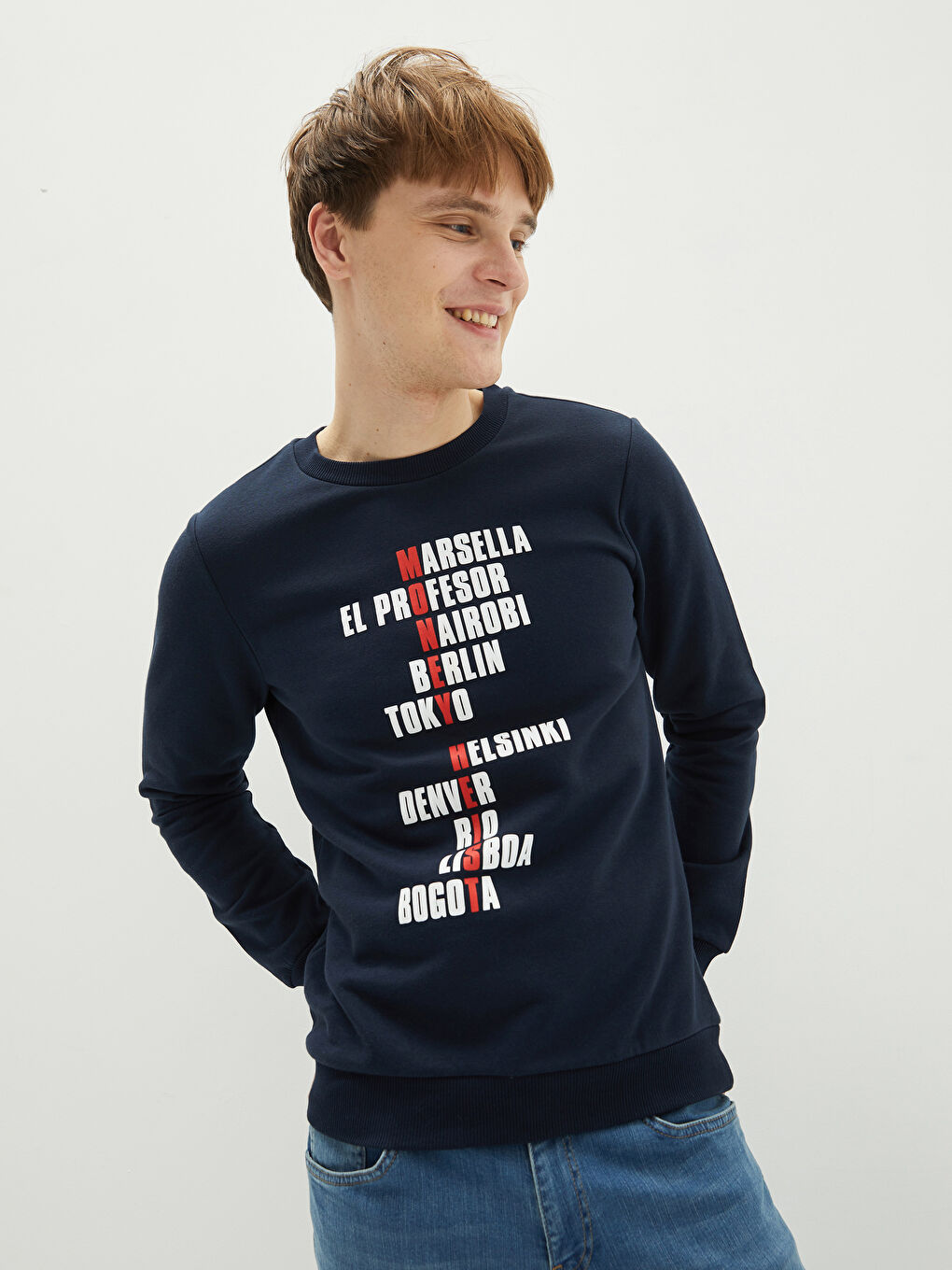 Lacivert Bisiklet Yaka Baskılı Erkek Kalın Sweatshirt-1