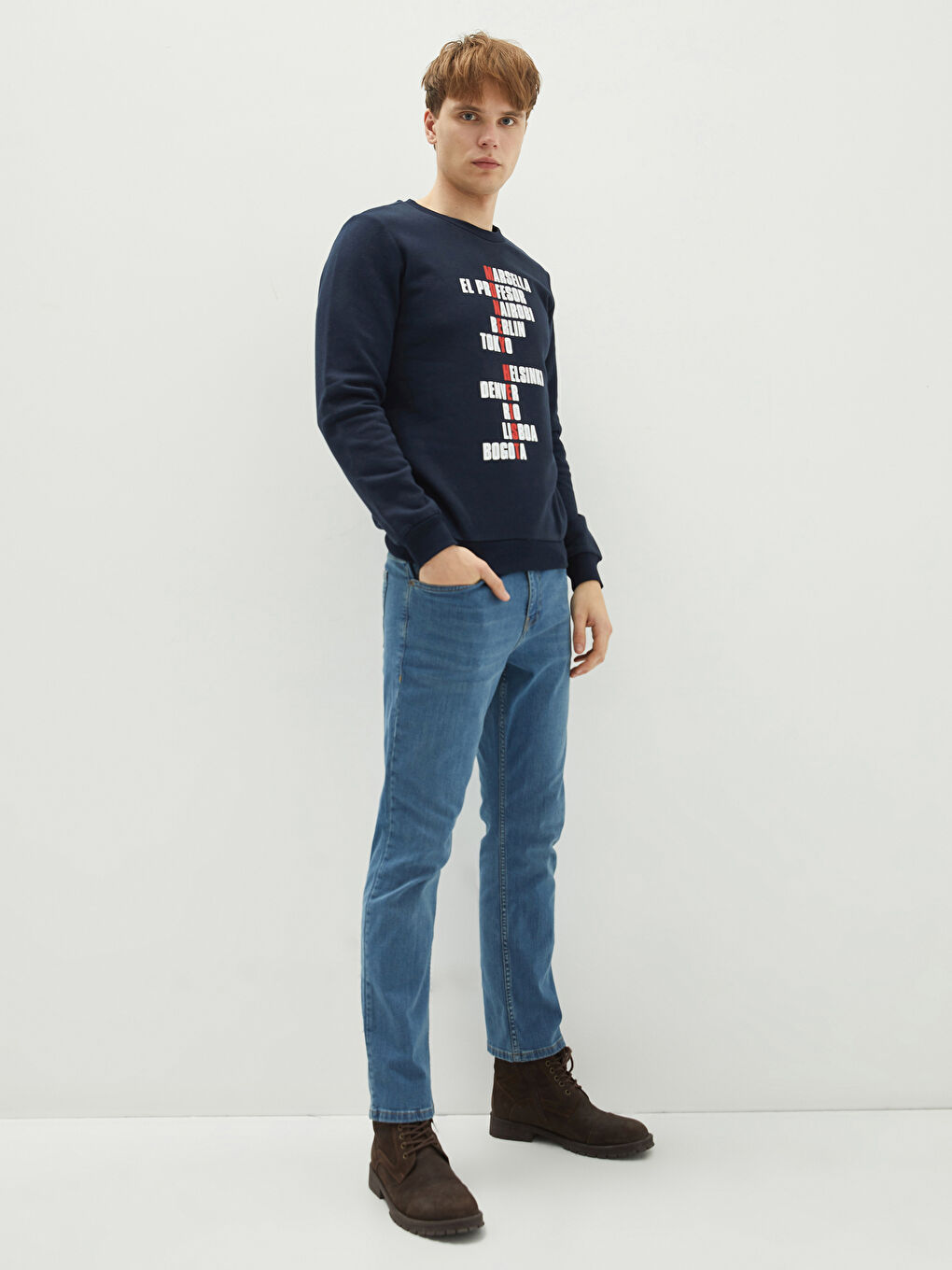 Lacivert Bisiklet Yaka Baskılı Erkek Kalın Sweatshirt-2