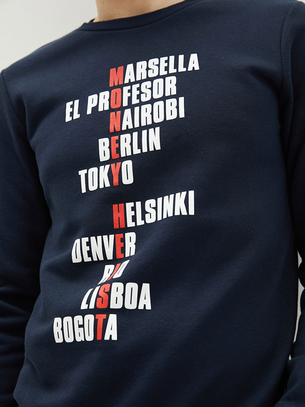 Lacivert Bisiklet Yaka Baskılı Erkek Kalın Sweatshirt-3