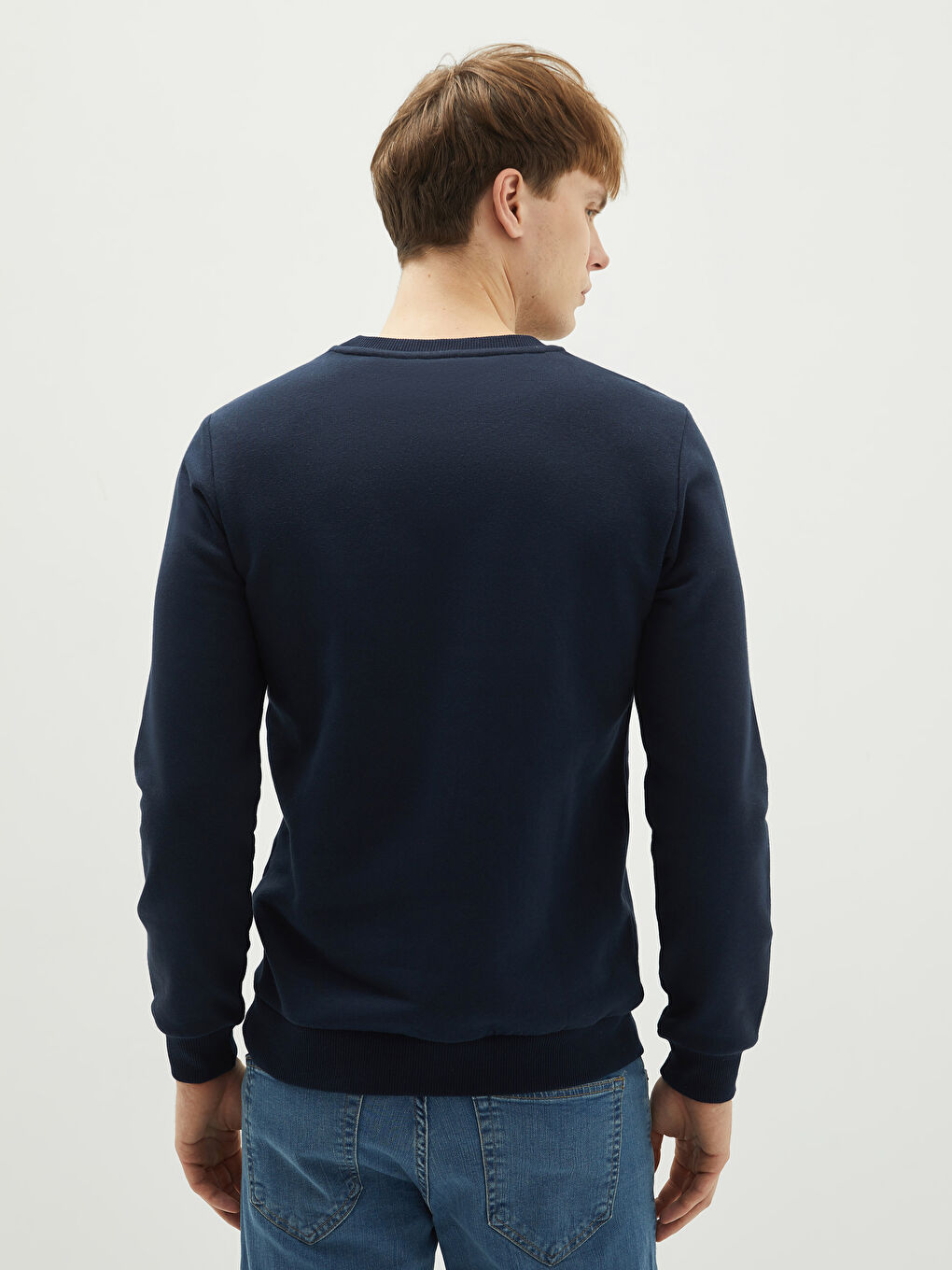 Lacivert Bisiklet Yaka Baskılı Erkek Kalın Sweatshirt-4