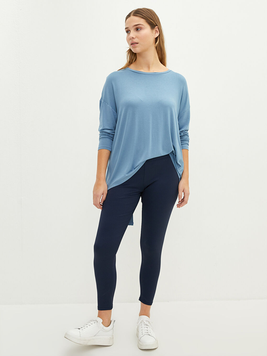 Lacivert Kadın Büyük Beden Beli Lastikli Düz Tayt-1