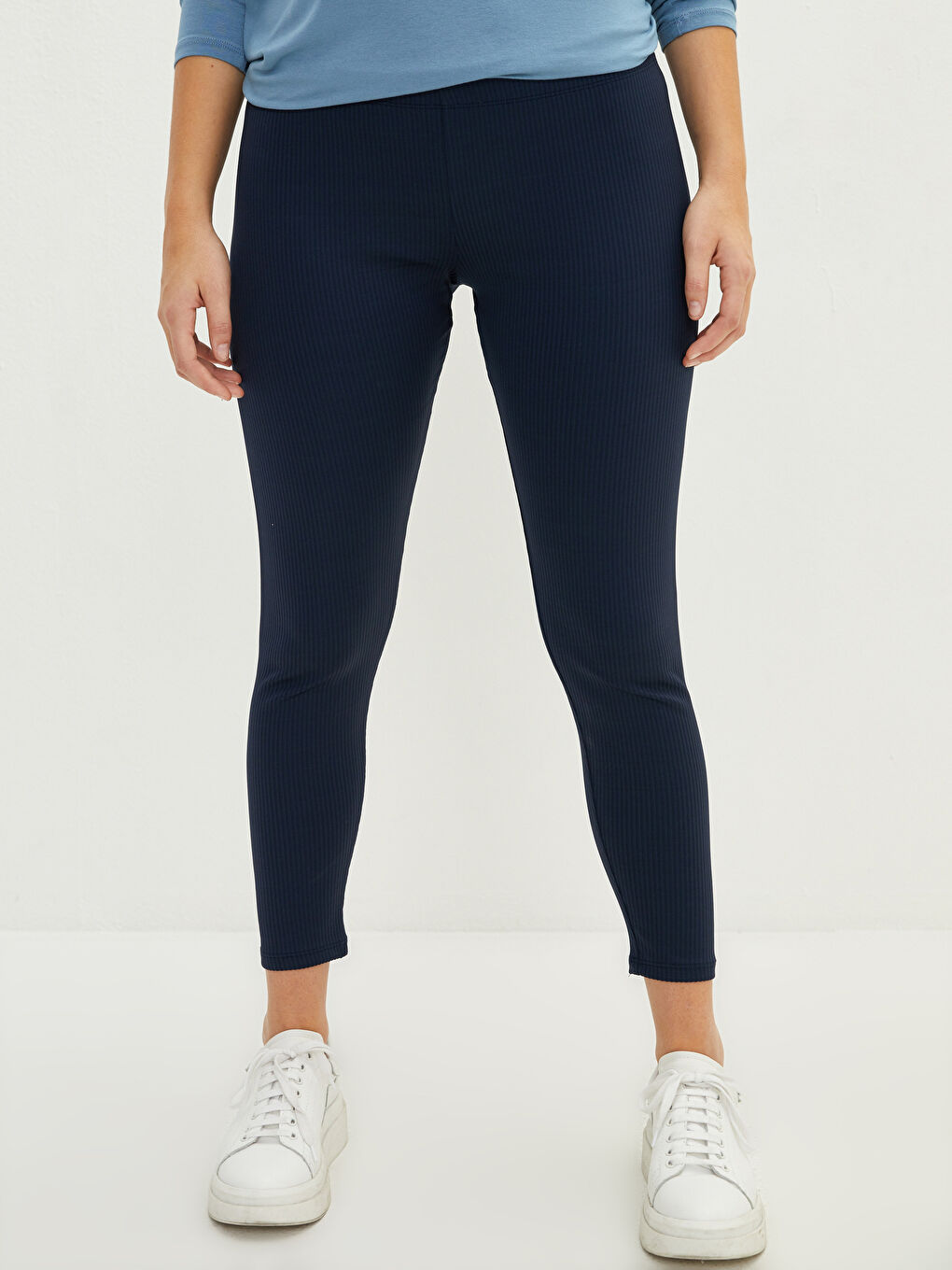 Lacivert Kadın Büyük Beden Beli Lastikli Düz Tayt-2