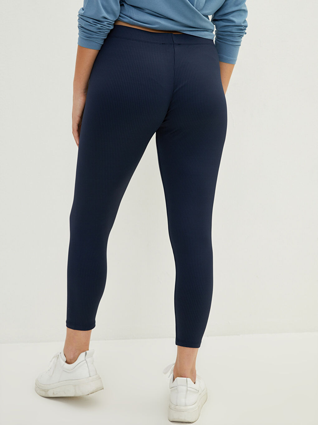 Lacivert Kadın Büyük Beden Beli Lastikli Düz Tayt-3