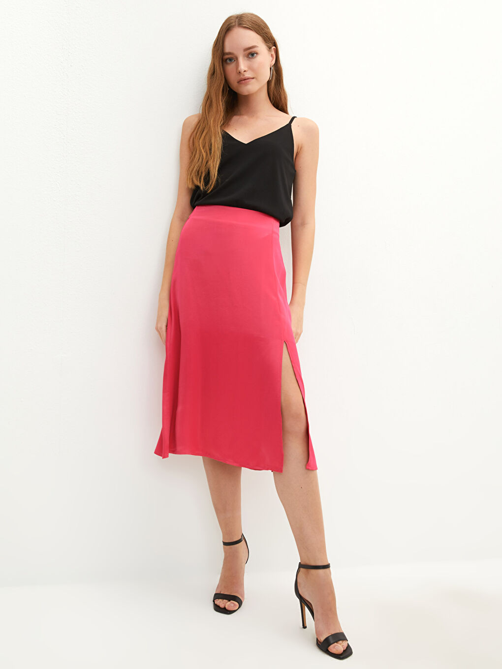 Pembe Beli Fermuarlı Düz Yırtmaç Detaylı Viskon Kadın Etek-3