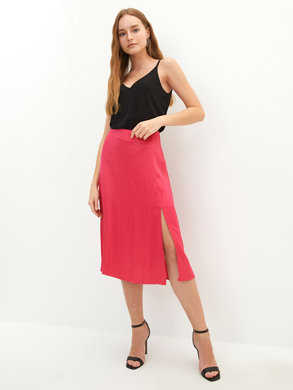 Pembe Beli Fermuarlı Düz Yırtmaç Detaylı Viskon Kadın Etek-5