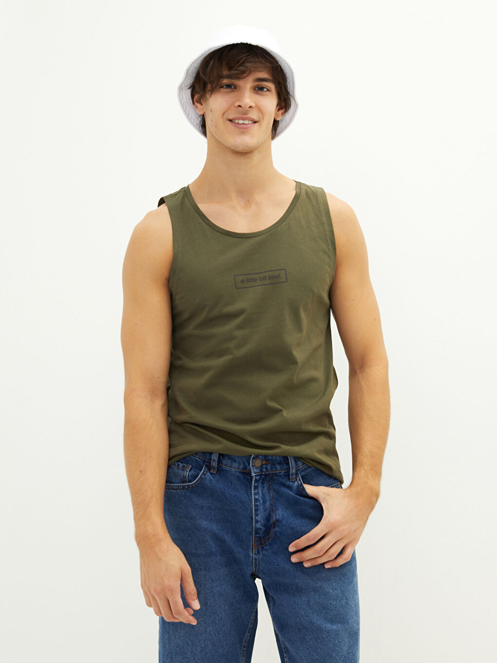 Haki Bisiklet Yaka Baskılı Pamuklu Erkek Kolsuz Tişört