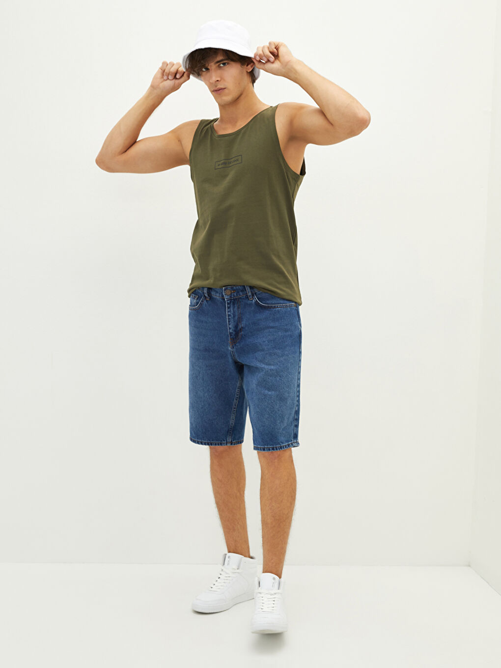 Haki Bisiklet Yaka Baskılı Pamuklu Erkek Kolsuz Tişört-2