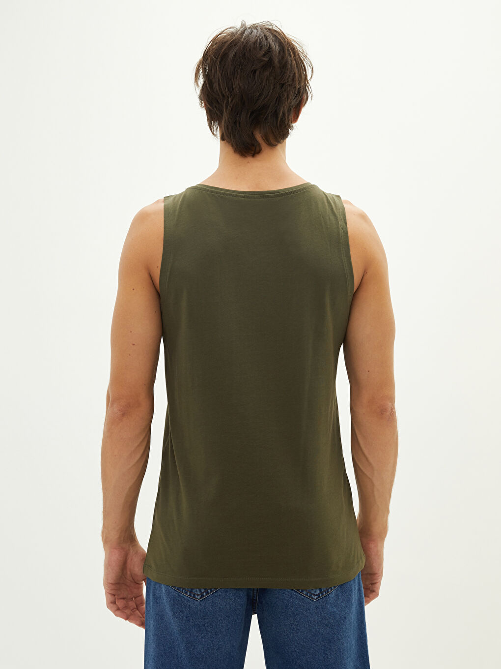 Haki Bisiklet Yaka Baskılı Pamuklu Erkek Kolsuz Tişört-4