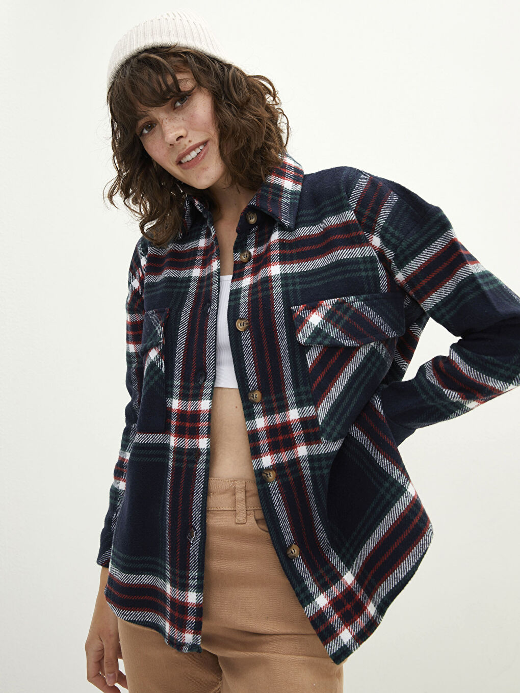 Buttoned Plaid Long Sleeve Women's Shirt Jacket-1