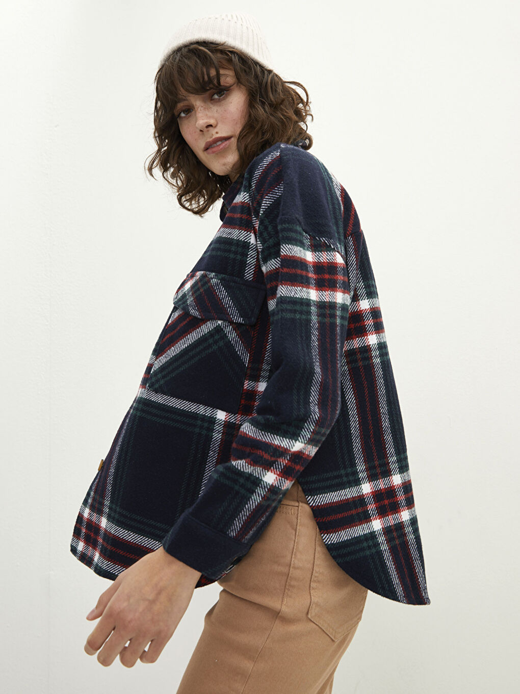 Buttoned Plaid Long Sleeve Women's Shirt Jacket-2