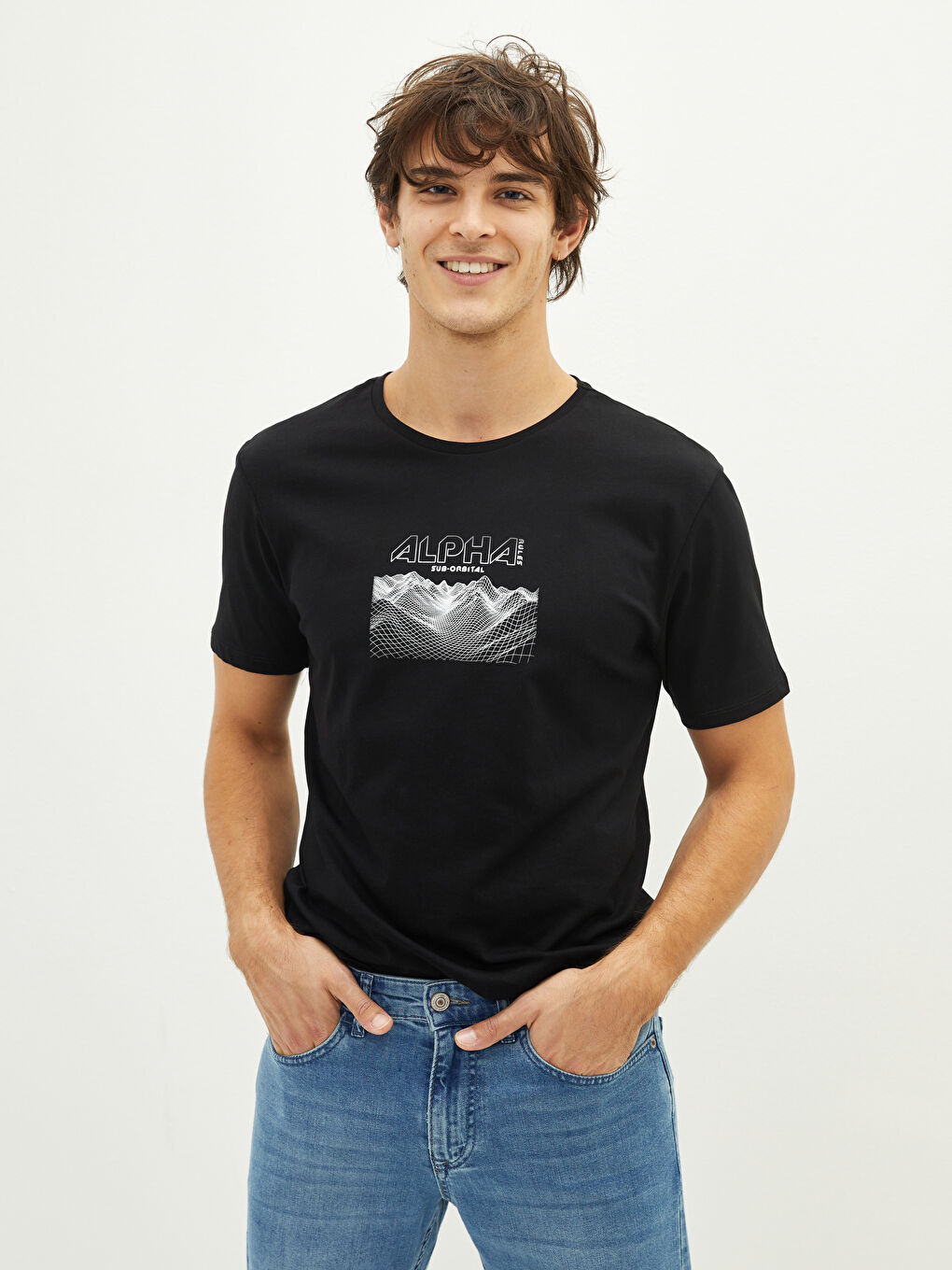 Siyah Bisiklet Yaka Kısa Kollu Baskılı Penye Erkek Tişört