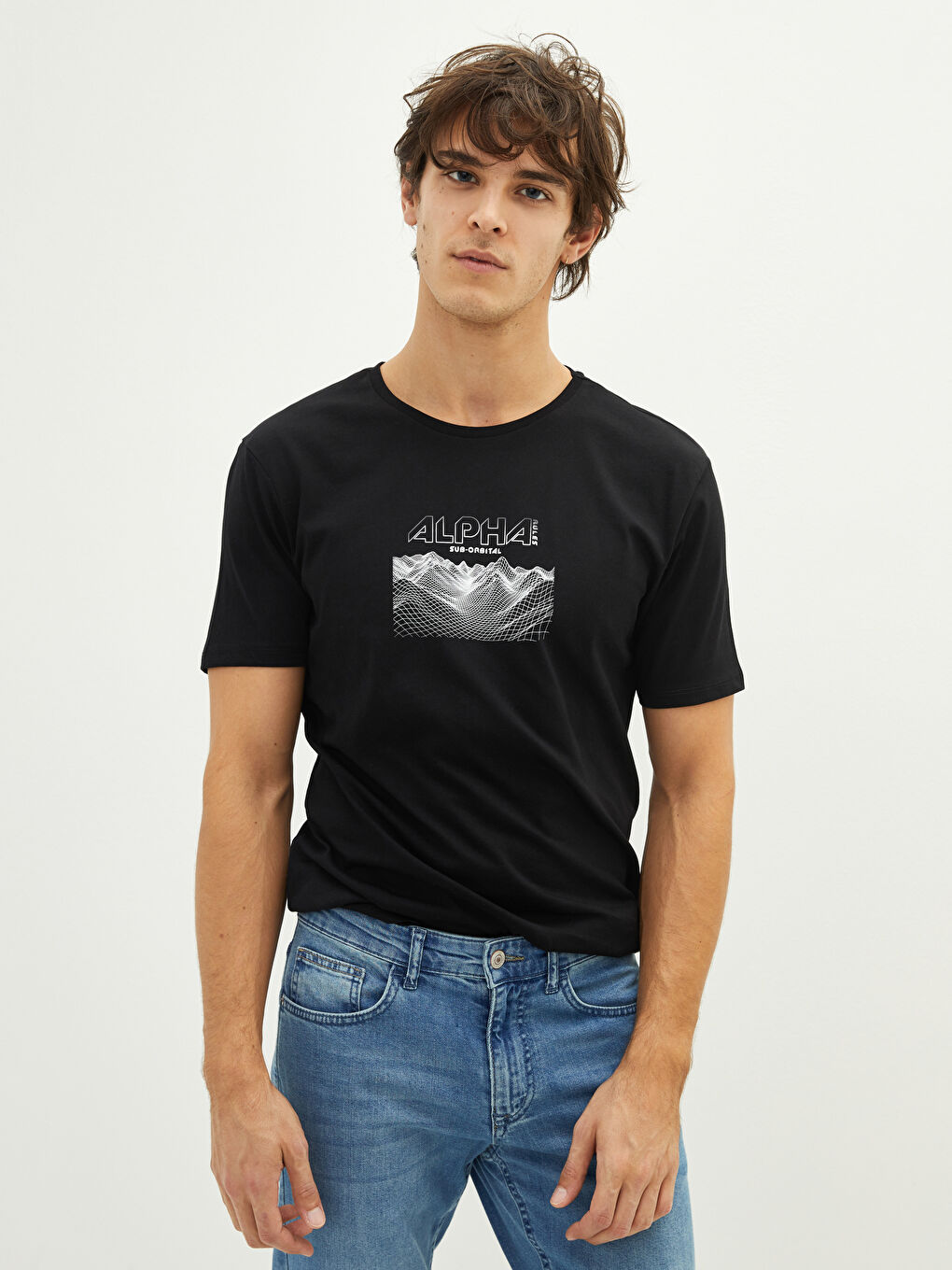 Siyah Bisiklet Yaka Kısa Kollu Baskılı Penye Erkek Tişört-1