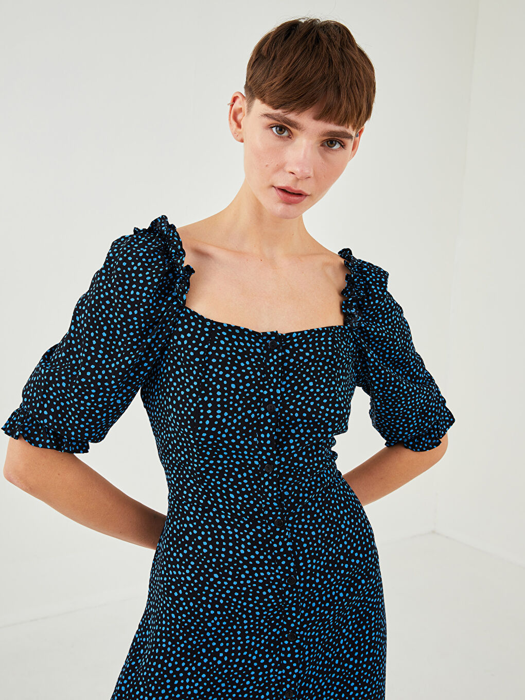 Mavi Kare Yaka Desenli Viskon Kadın Elbise-2