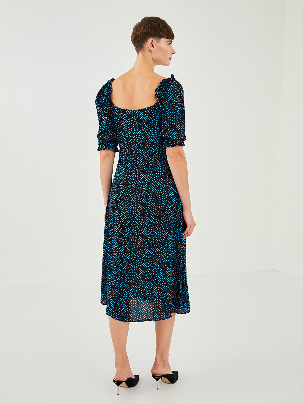 Mavi Kare Yaka Desenli Viskon Kadın Elbise-3