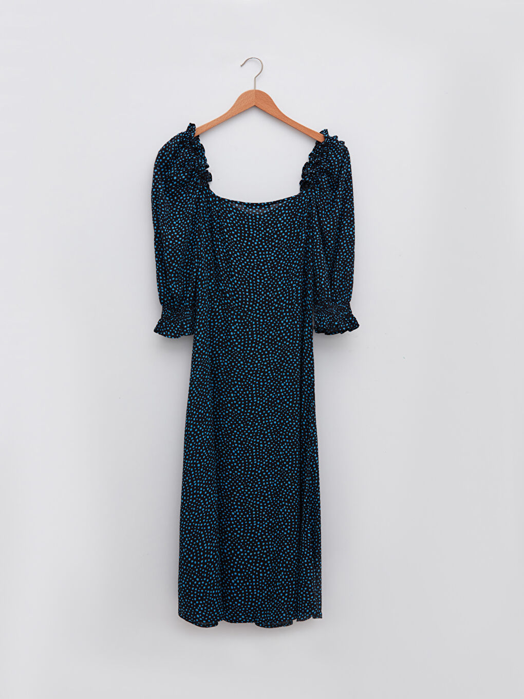 Mavi Kare Yaka Desenli Viskon Kadın Elbise-5