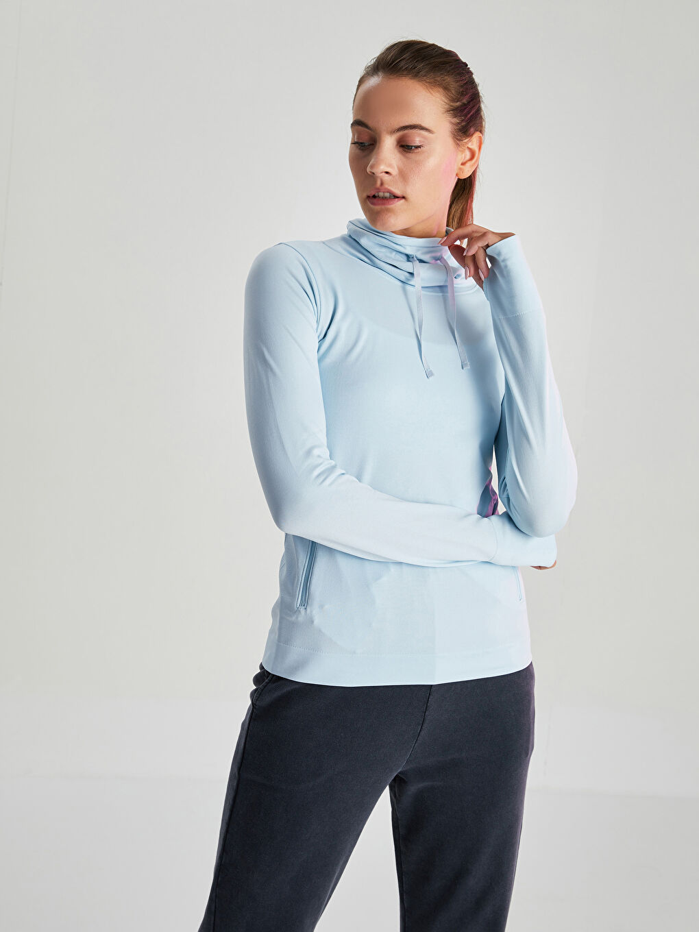 XSIDE ACTIVE Açık Mavi Keşiş Yaka Düz Uzun Kollu Kadın Spor Sweatshirt - 2