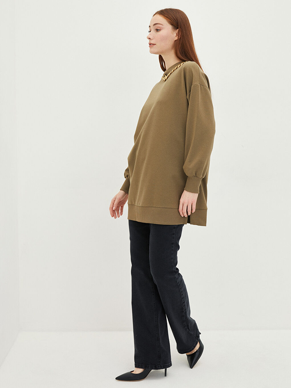 Crew Neck Plain Long Sleeve Women's Sweatshirt Tunic-1