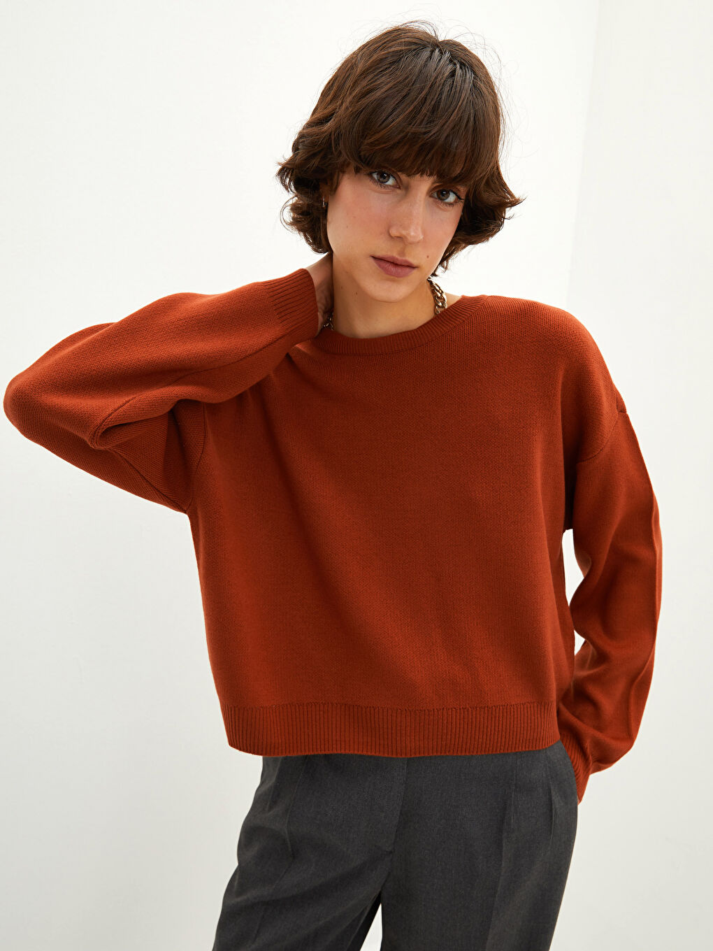 Pull-over en Tricot Uni à Col Rond et Manches Longues pour Femmes