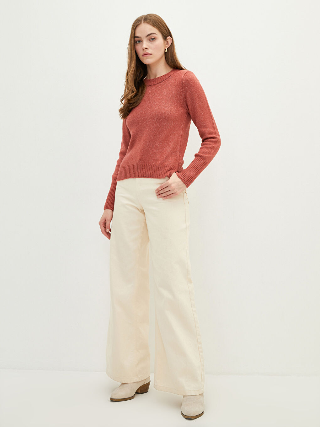 Pembe Bisiklet Yaka Düz Uzun Kollu Kadın Triko Kazak-1