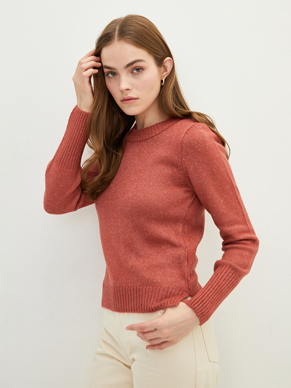 Pembe Bisiklet Yaka Düz Uzun Kollu Kadın Triko Kazak-2