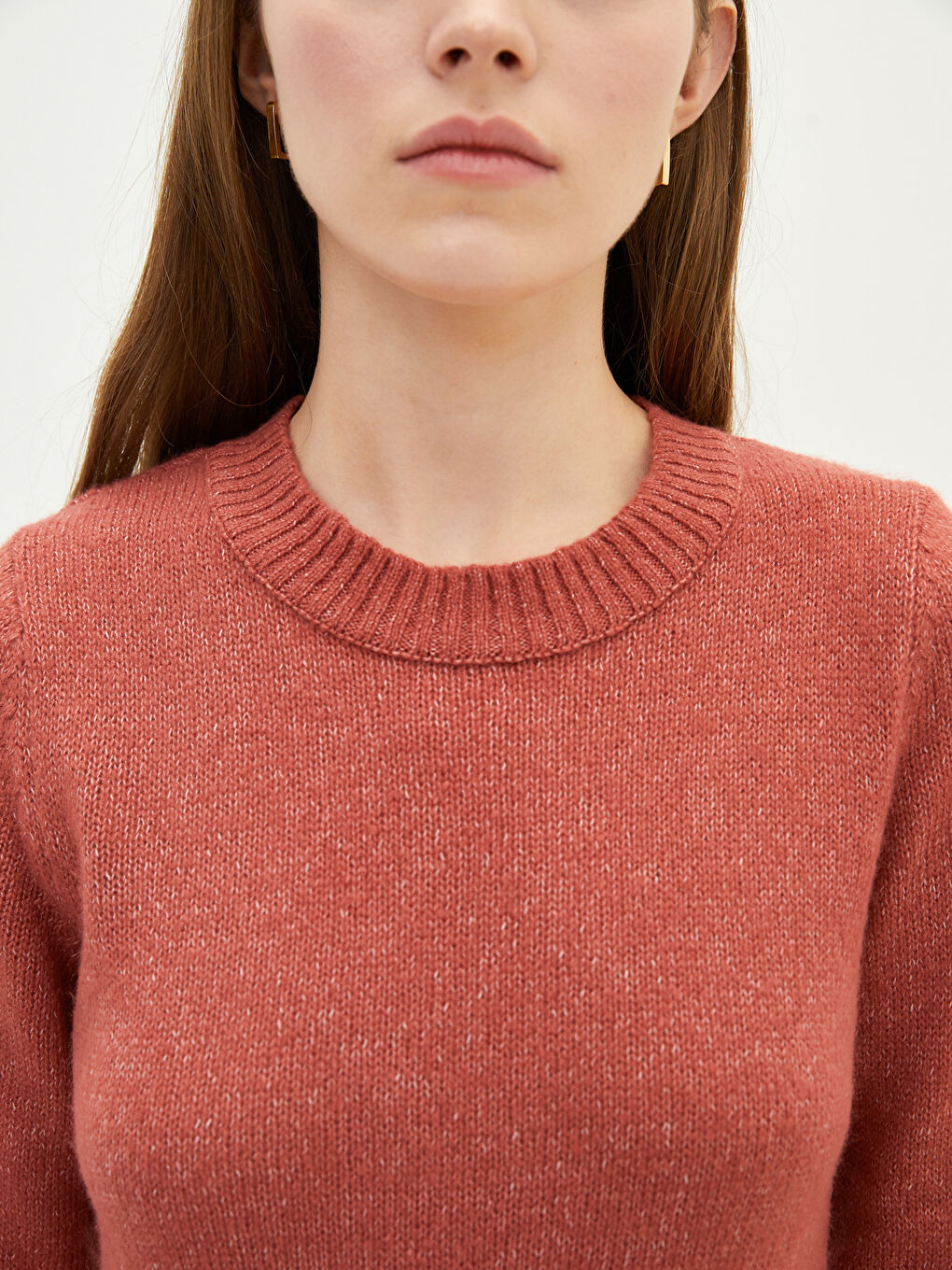 Pembe Bisiklet Yaka Düz Uzun Kollu Kadın Triko Kazak-3