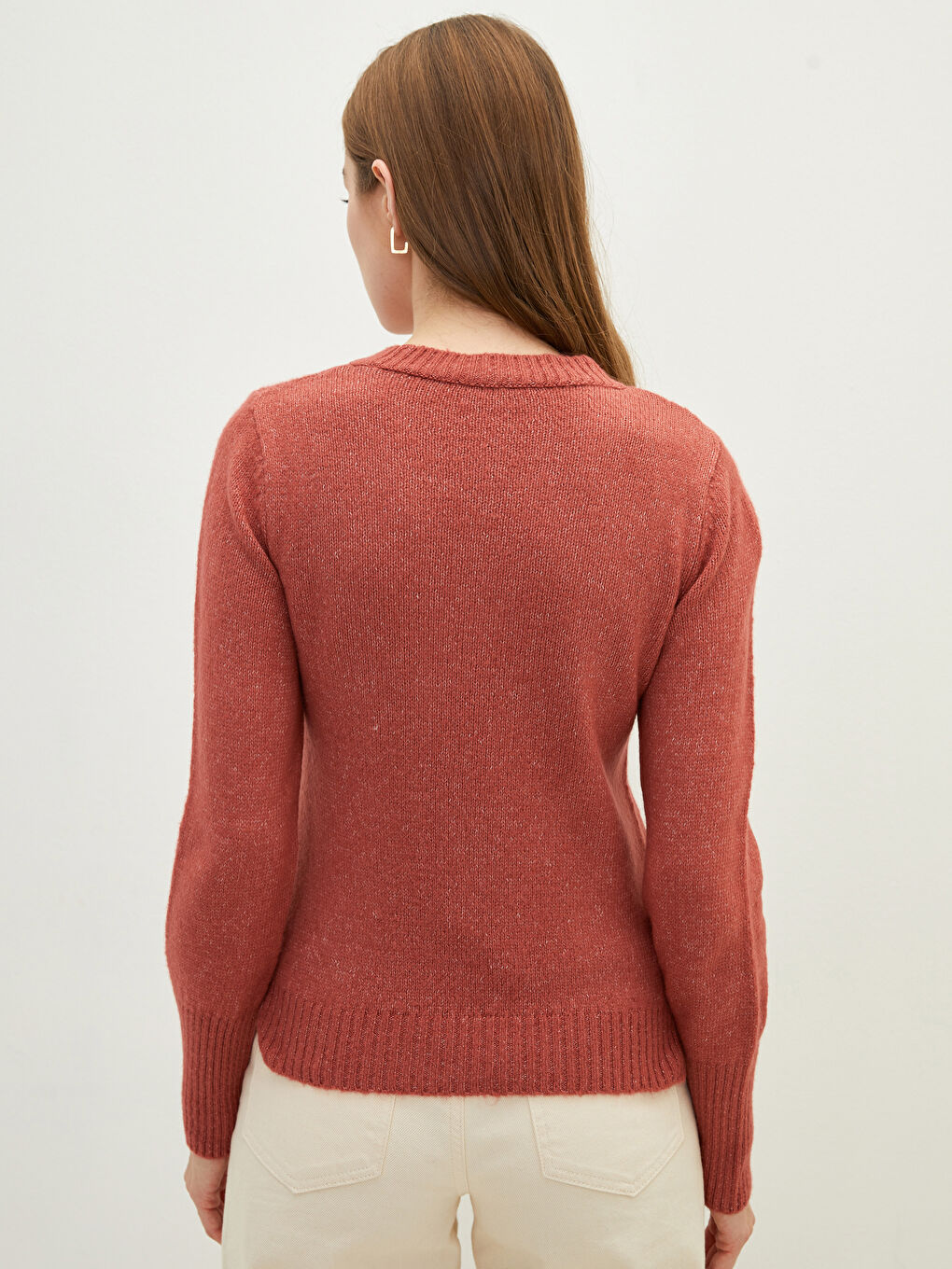 Pembe Bisiklet Yaka Düz Uzun Kollu Kadın Triko Kazak-4