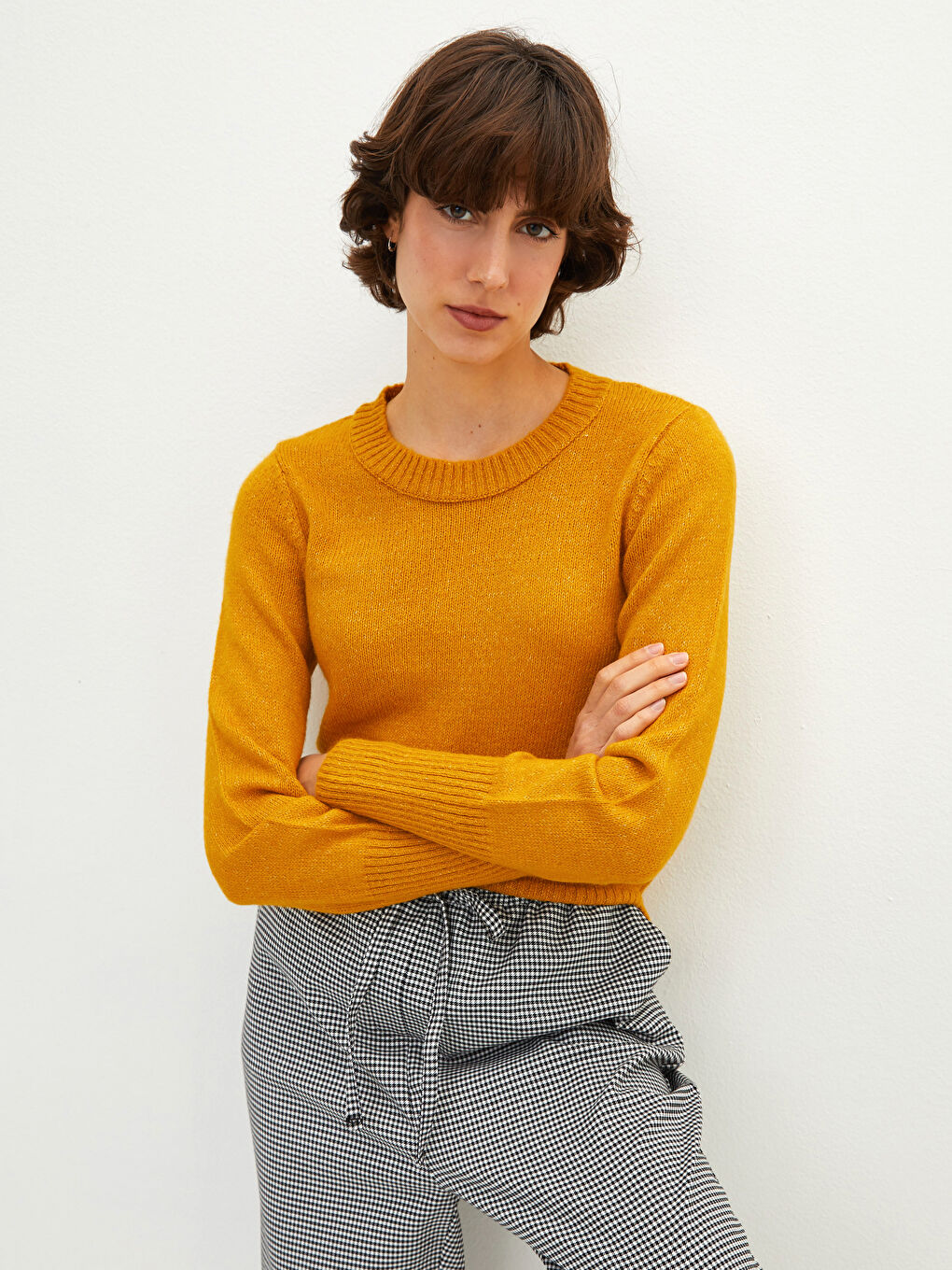 Sarı Bisiklet Yaka Düz Uzun Kollu Kadın Triko Kazak