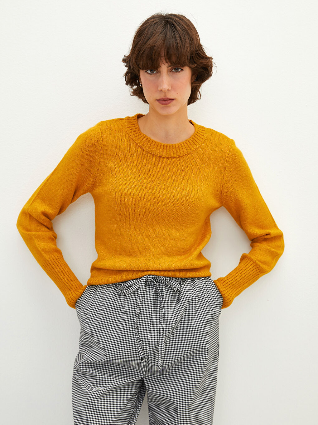 Sarı Bisiklet Yaka Düz Uzun Kollu Kadın Triko Kazak-1