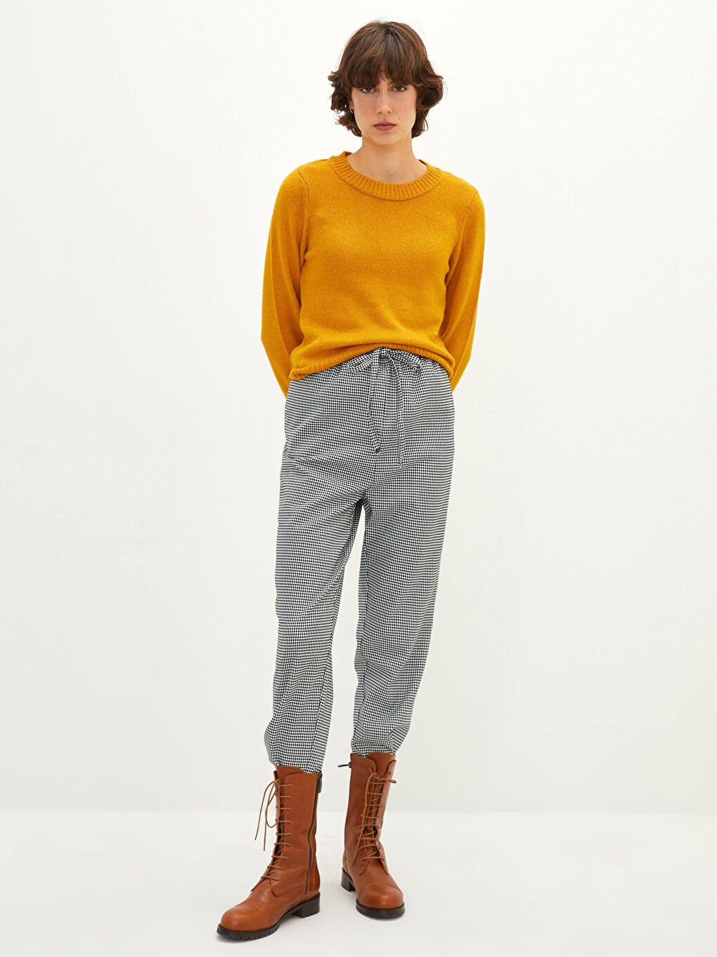 Sarı Bisiklet Yaka Düz Uzun Kollu Kadın Triko Kazak-2