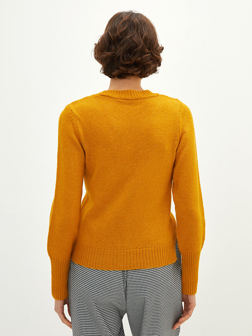 Sarı Bisiklet Yaka Düz Uzun Kollu Kadın Triko Kazak-4